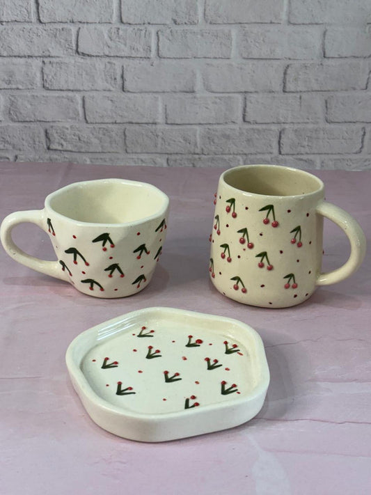 3D Cherry Coffee Mugs & Snack Plate Combo Set of 3