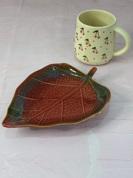 3D Cherry Coffee Mug & Red Glaze Leaf Platter Combo Set of 2