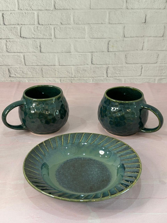 Olive Green Coffee Mugs, & Green Pasta Plate Combo Set of 3