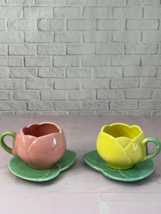 Pink & Yellow Lotus Coffee Mugs with Saucer Combo Set of 2