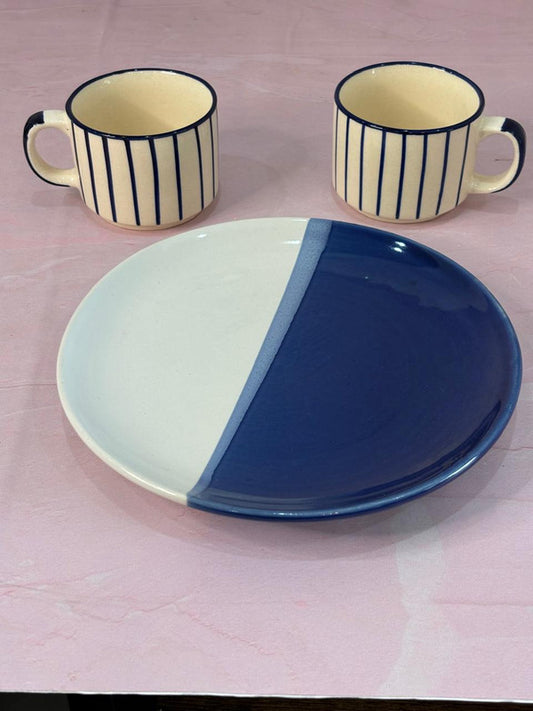 Blue Lines Tea Cups & Dual Shade Quarter Plate Combo Set of 3