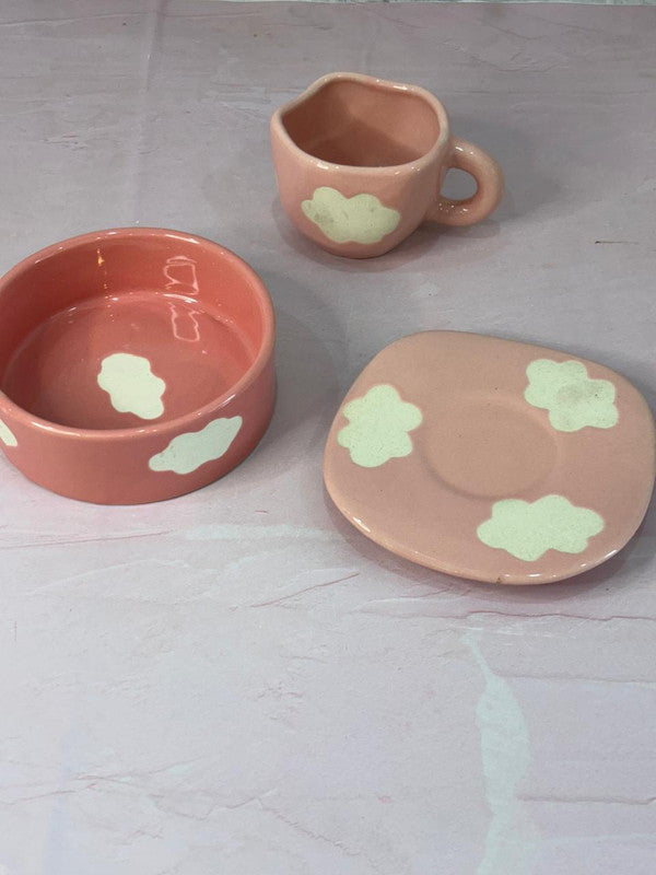 Pink Clouds Coffee Mug with Saucer & Pink Snack Bowl Combo Set of 3