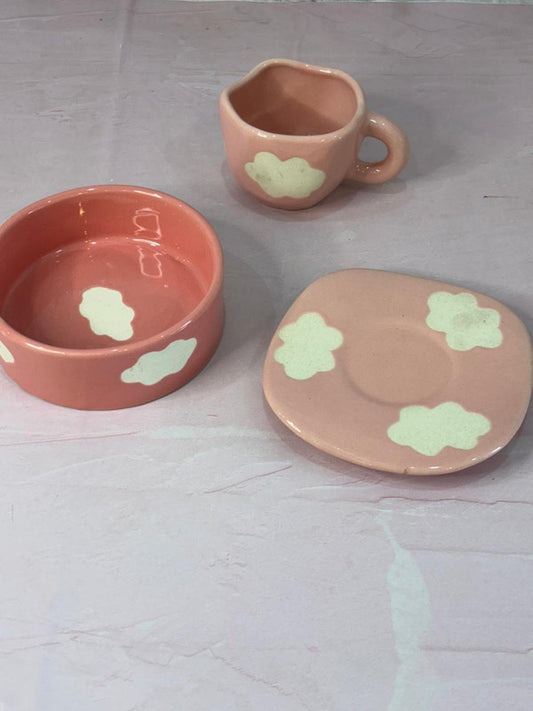 Pink Clouds Coffee Mug with Saucer & Pink Snack Bowl Combo Set of 3