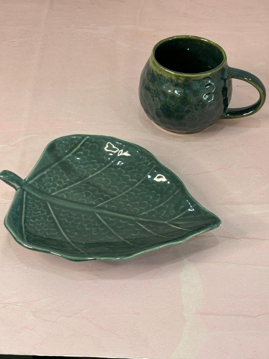 Green Coffee Mug with Green Snack Platter Combo Set of 2