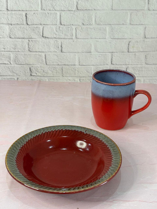 Red Glaze Coffee Mug with Red Pasta Plate Combo Set of 2