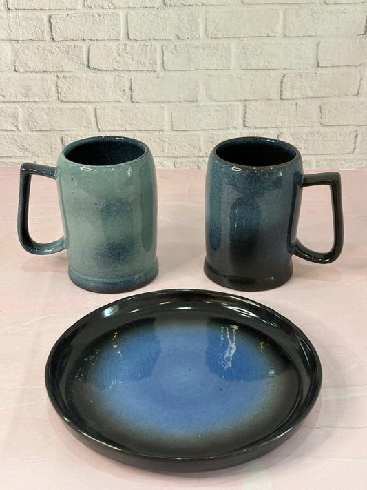 Blue Beer Mugs with Blue Snack Platter Combo Set of 3