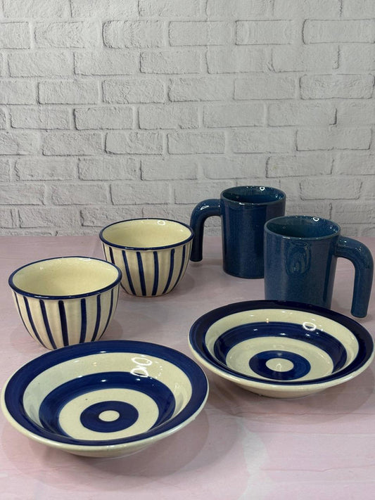 Blue Ele Coffee Mug, Lines Snack Bowl & Blue Spiral Pasta Plate Combo Set of 6