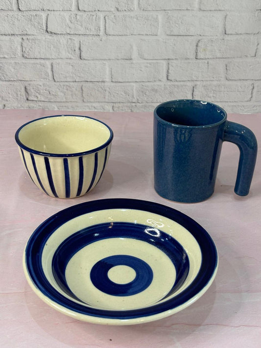 Blue Ele Coffee Mug, Lines Snack Bowl & Blue Spiral Pasta Plate Combo of 3