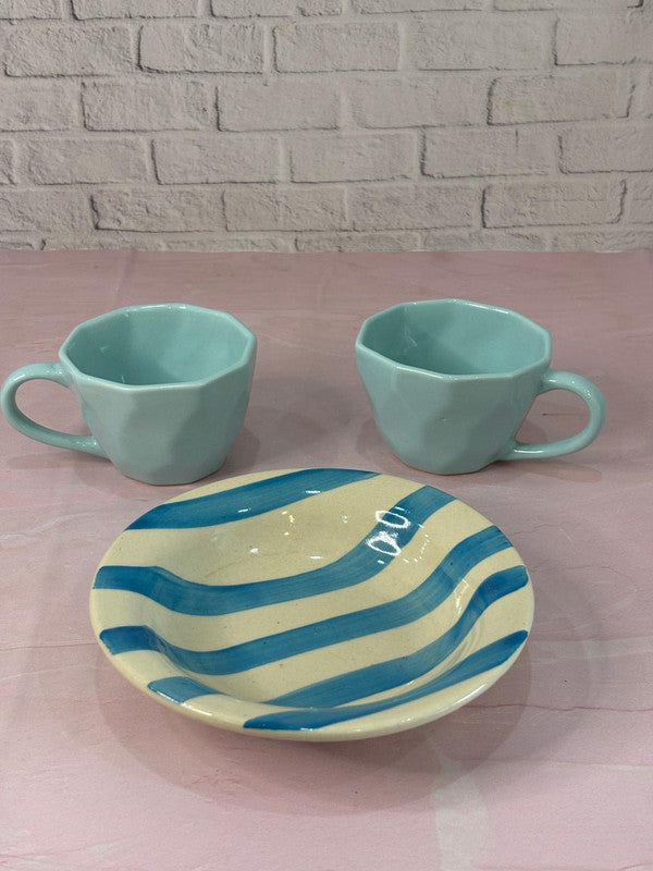 Sky Blue Coffee Mug with Blue Lines Pasta Plate Combo Set of 3