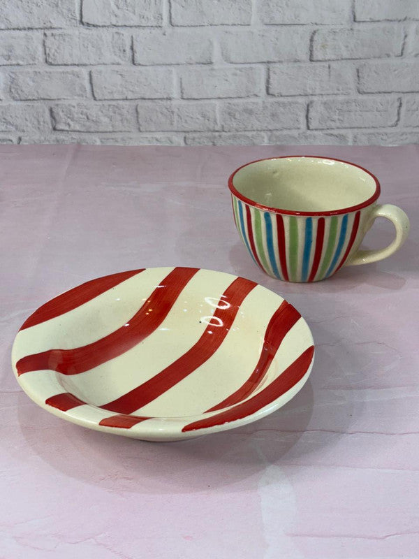 Colorful Lines Coffee Mug with Red Lines Pasta Plate Combo Set of 2