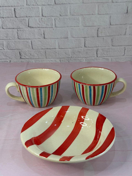 Colorful Lines Coffee Mug with Red Lines Pasta Plate Combo Set of 3