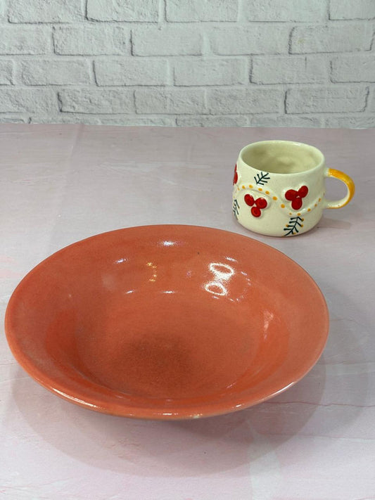 3D Cherry with Leaves Coffee Mug & Red Pasta Plate Combo Set of 2