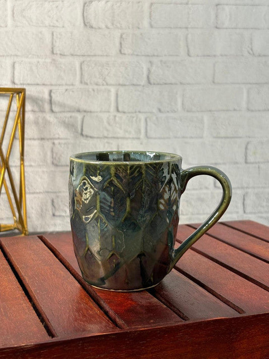 Olive Green Glaze  Diamond Pattern Coffee Mug