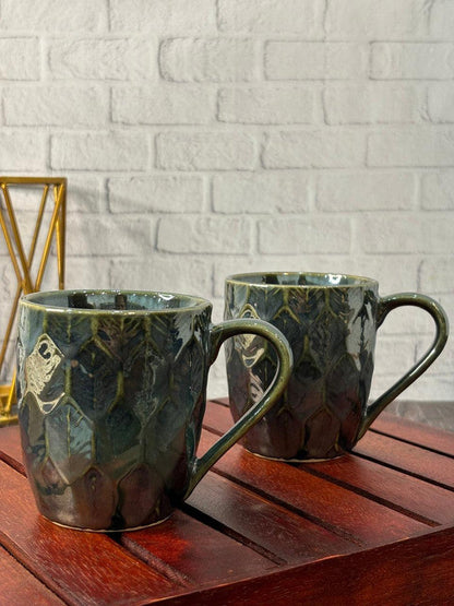 Olive Green Glaze  Diamond Pattern Coffee Mug