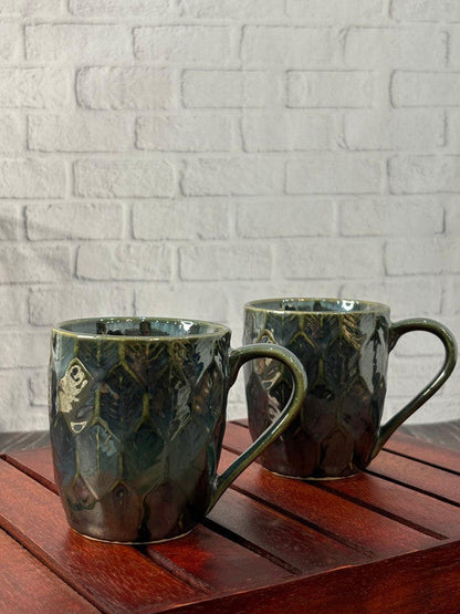 Olive Green Glaze  Diamond Pattern Coffee Mug