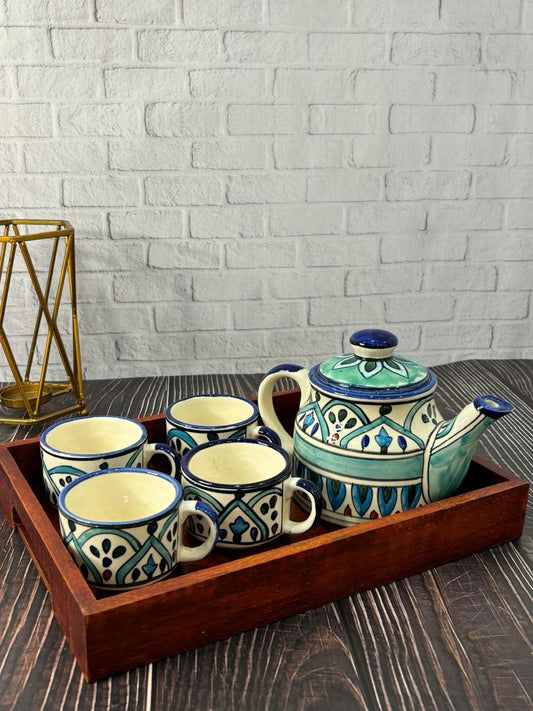 Sky Blue Hand Painted Kettle Set with Wooden Tray (Set of 6)