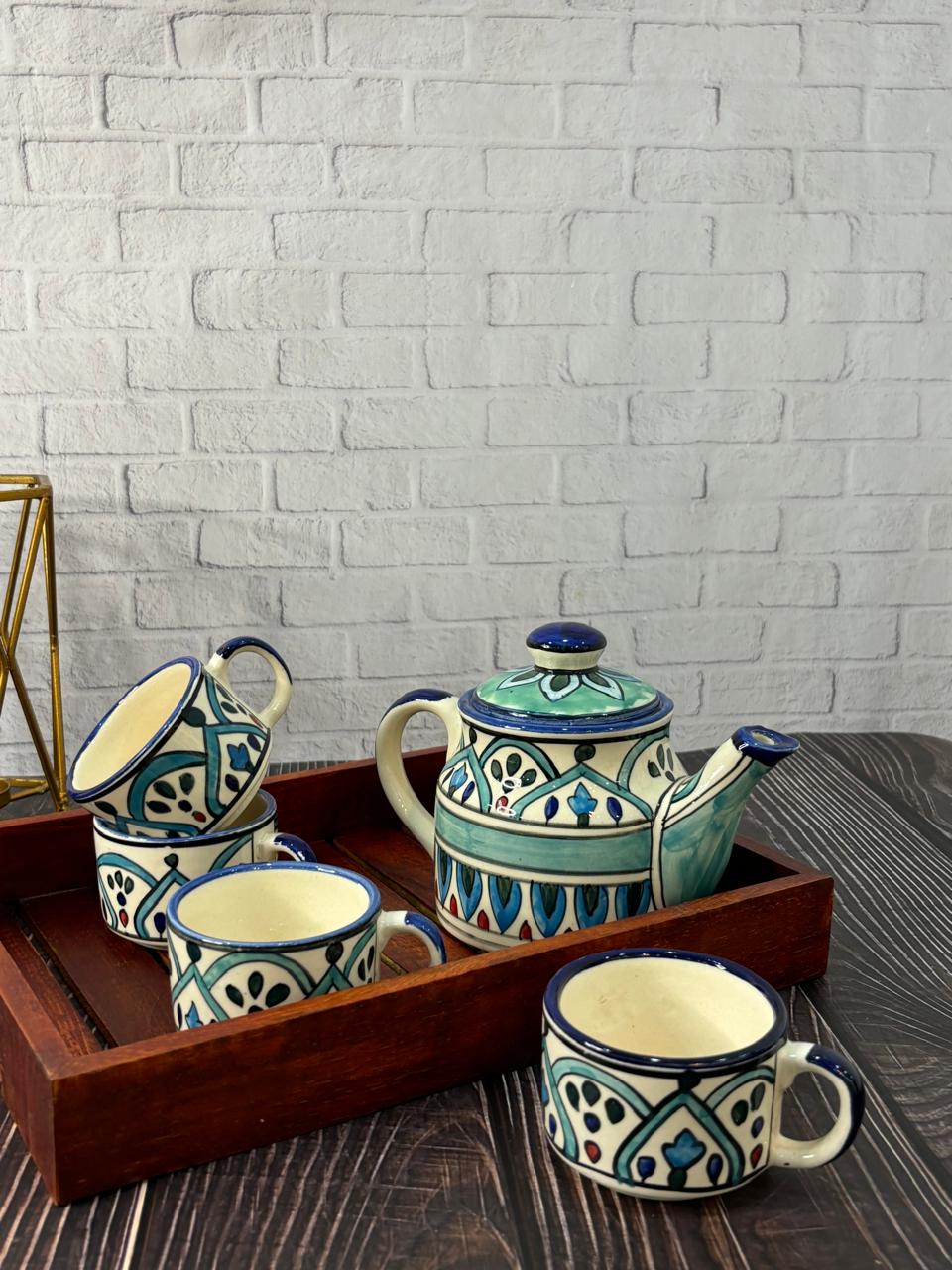 Sky Blue Hand Painted Kettle Set with Wooden Tray (Set of 6)