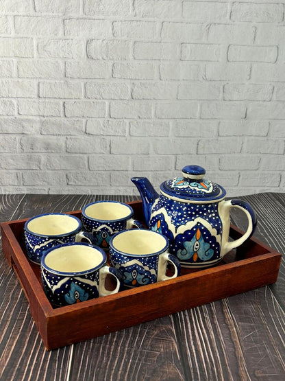 Blue Hand Painted Kettle Set with Wooden Tray (Set of 6)