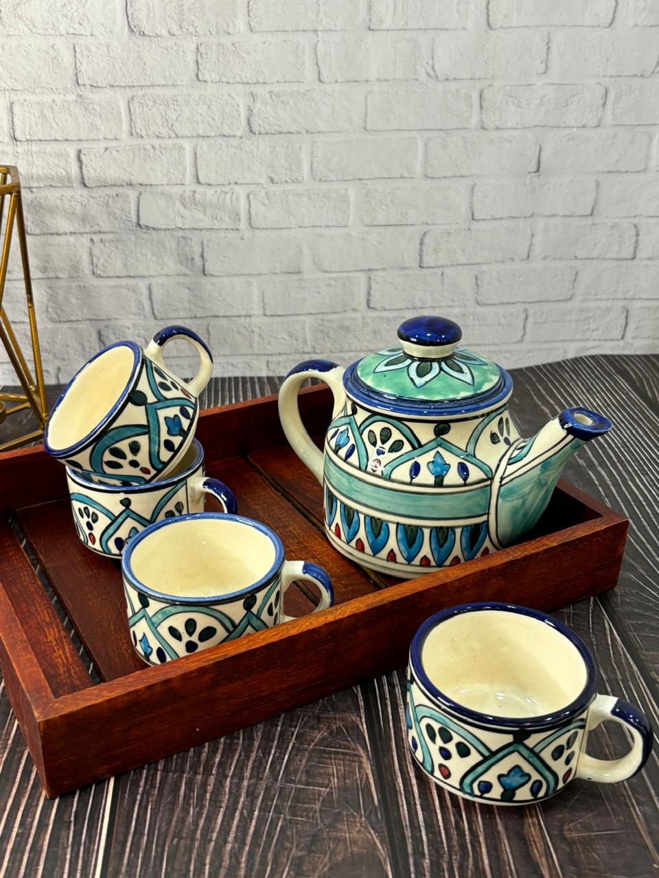 Sky Blue Hand Painted Kettle Set with Wooden Tray (Set of 6)