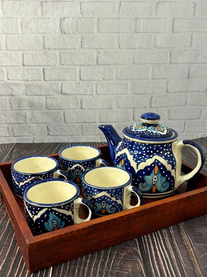 Blue Hand Painted Kettle Set with Wooden Tray (Set of 6)