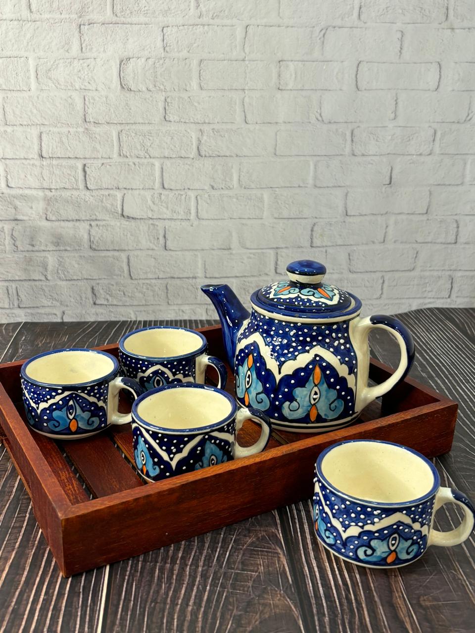 Blue Hand Painted Kettle Set with Wooden Tray (Set of 6)