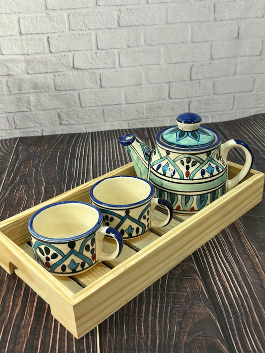 Sky Blue Hand Painted Kettle Set with Wooden Tray (Set of 6)