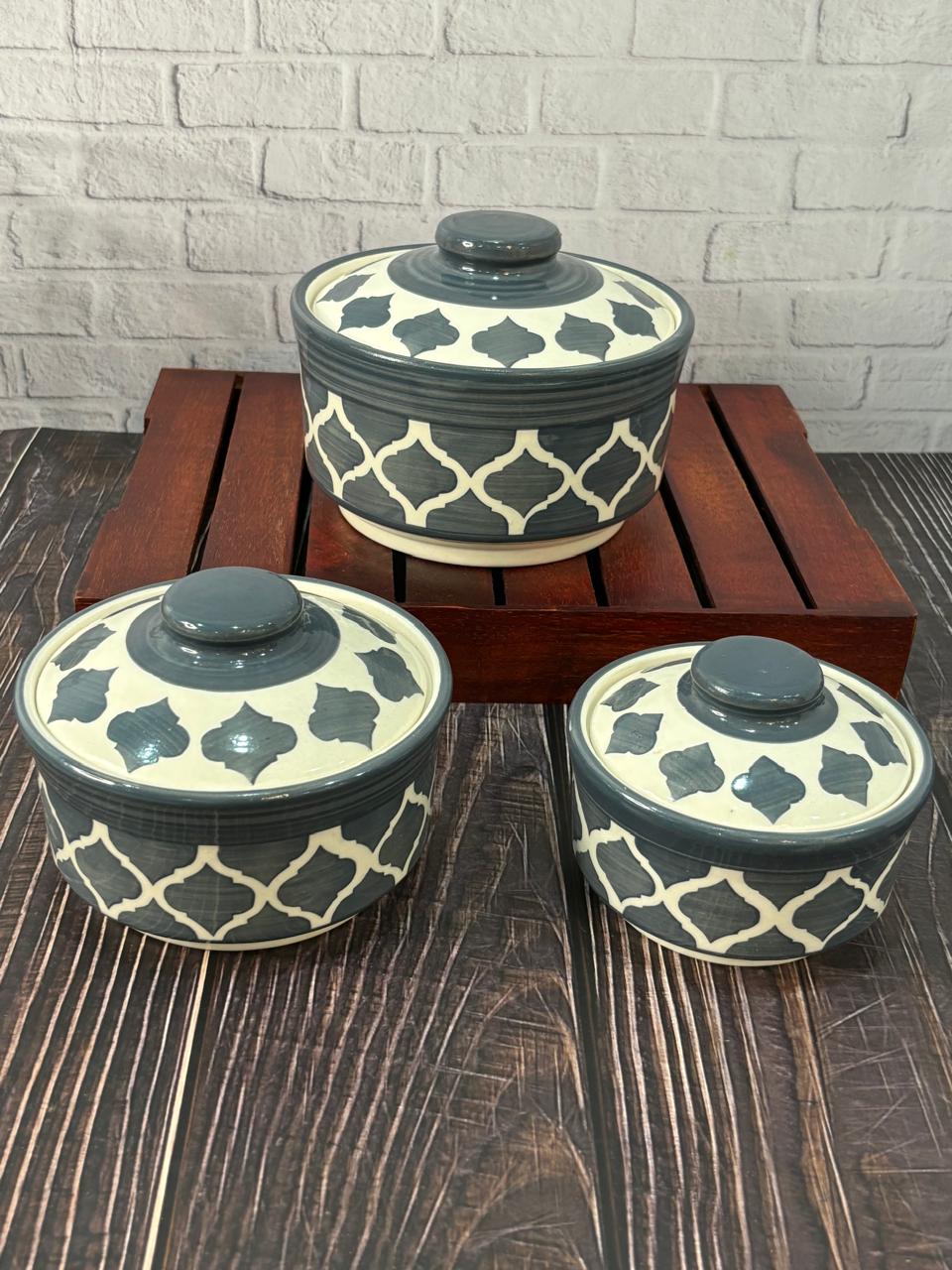 Grey Moroccan Design Serving Bowl Set with Lid (Set of 3)