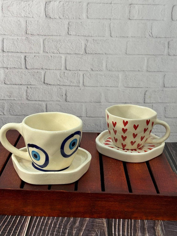 Red Heart & Evil Eye Coffee Mug Saucer Combo