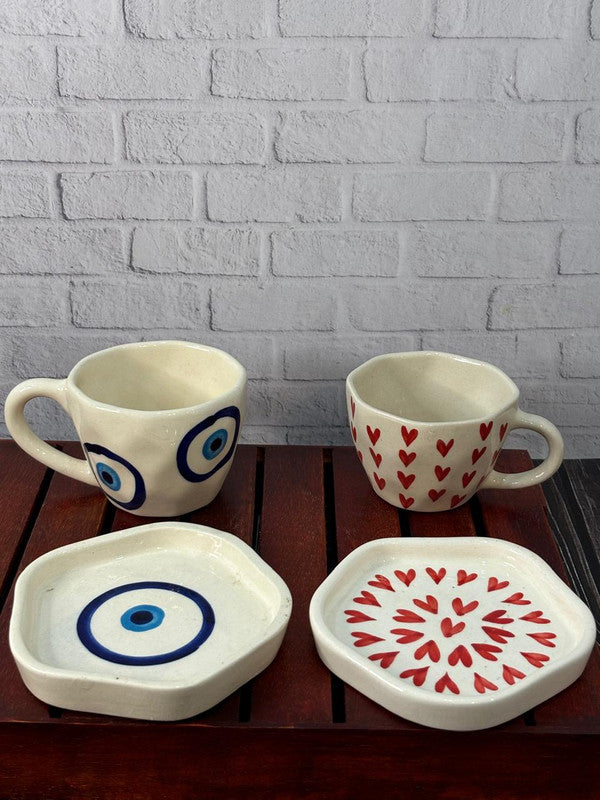 Red Heart & Evil Eye Coffee Mug Saucer Combo