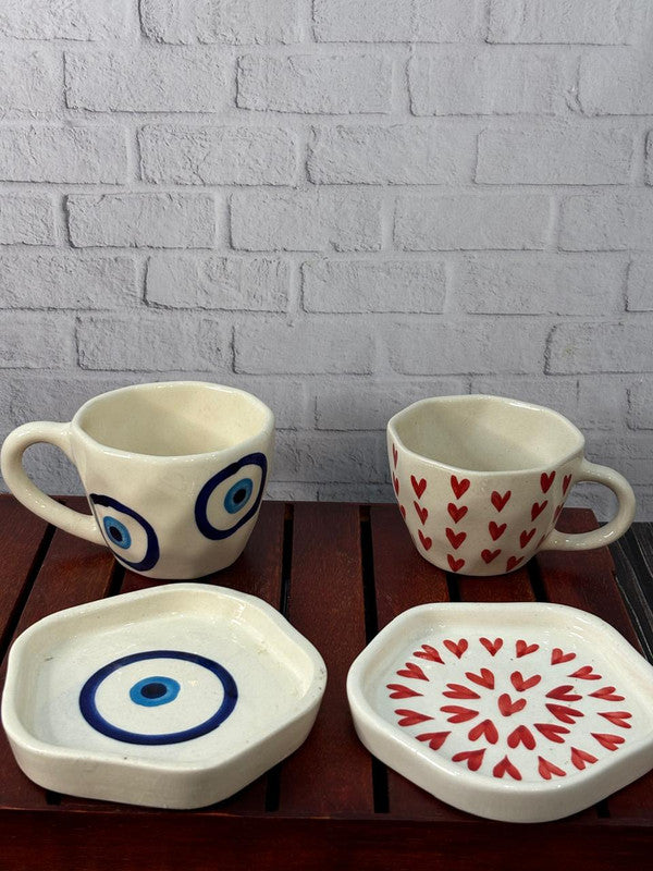 Red Heart & Evil Eye Coffee Mug Saucer Combo