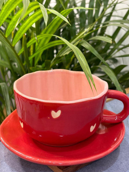 Red Hearts Cappuccino Coffee Mug with Saucer