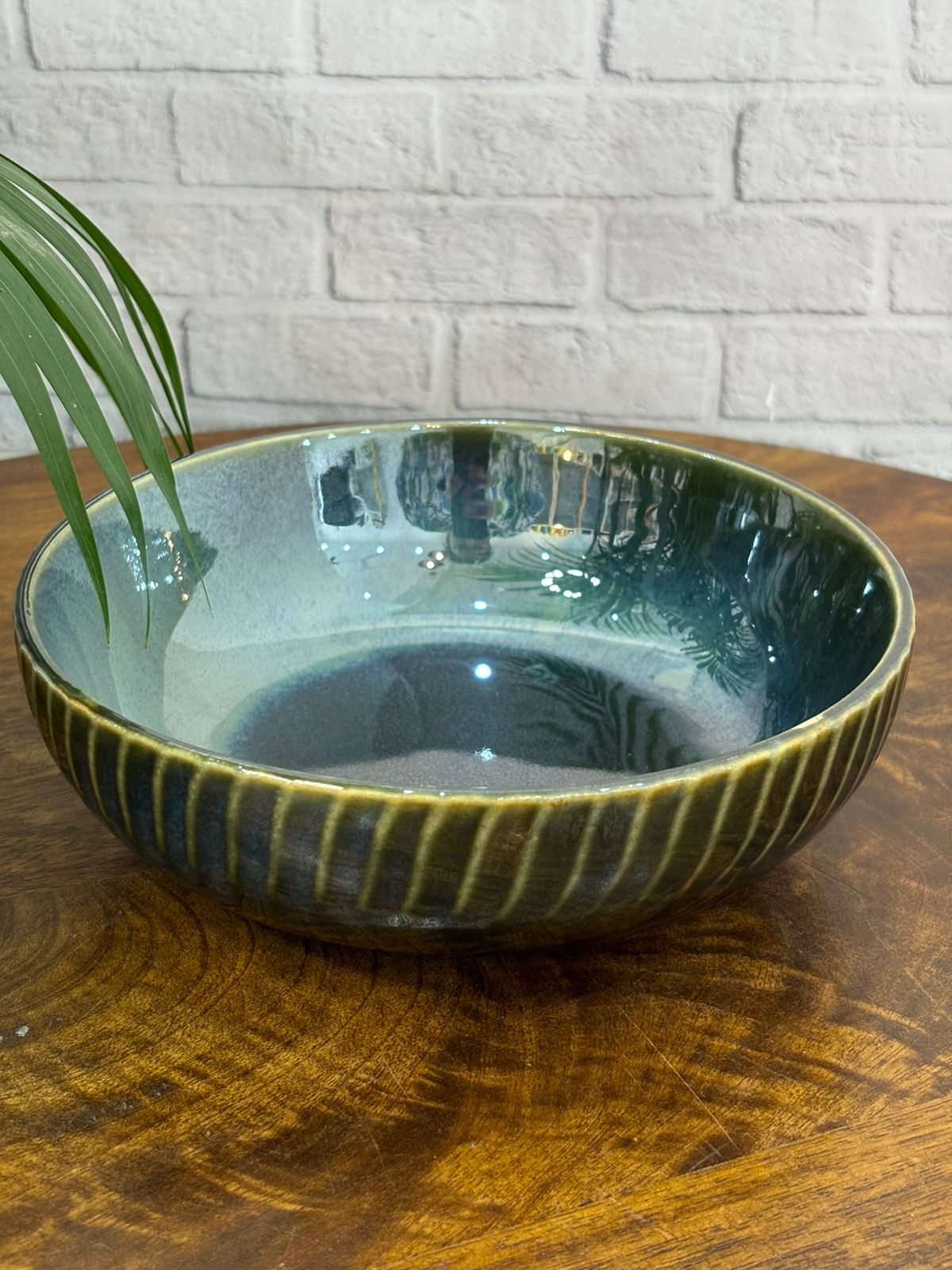 Olive Green Line Glaze Serving/Salad Bowl