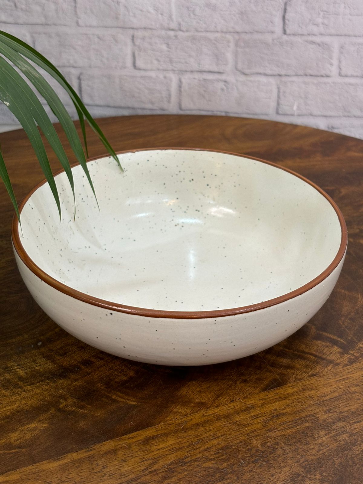 White Serving/Salad Bowl with Brown Rim