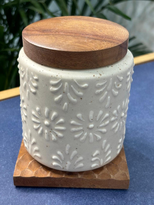 White Embossed Floral Air-tight Jar