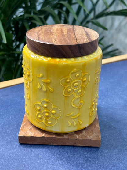 Yellow Embossed Floral Air-tight Jar