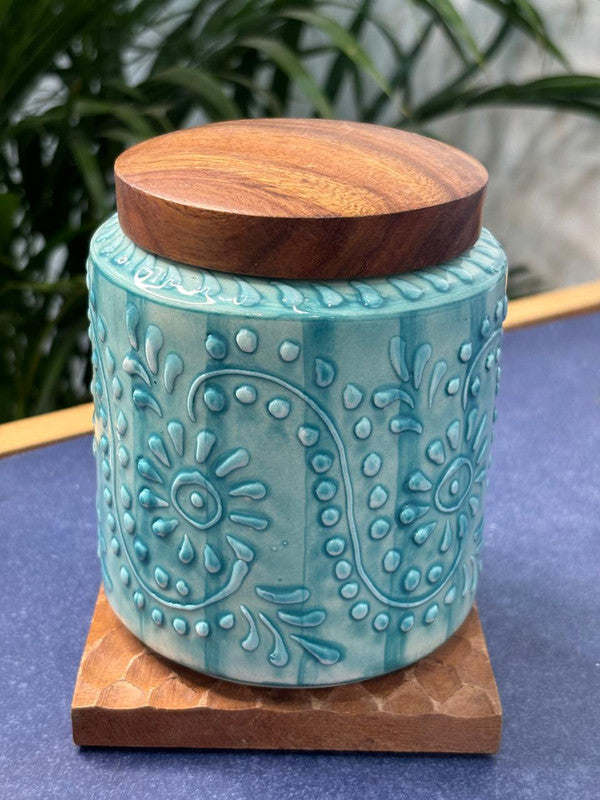 Sky Blue Embossed Floral Air-tight Jar