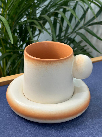 Brown Knob Handle Coffee Mug with Saucer