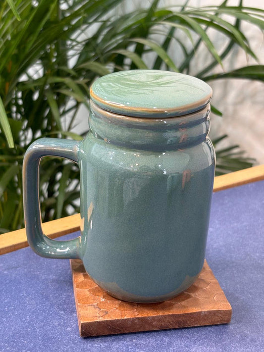 Olive Green Glaze Tall Coffee Mug with Lid