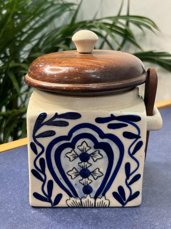 Blue Floral Air-tight Jar with Wooden Spoon