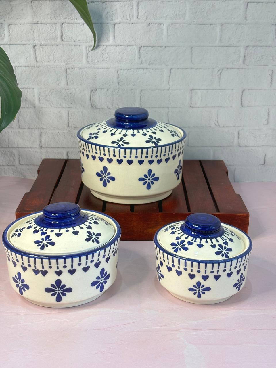 Blue Floral Design Serving Bowl Set with Lid (Set of 3)