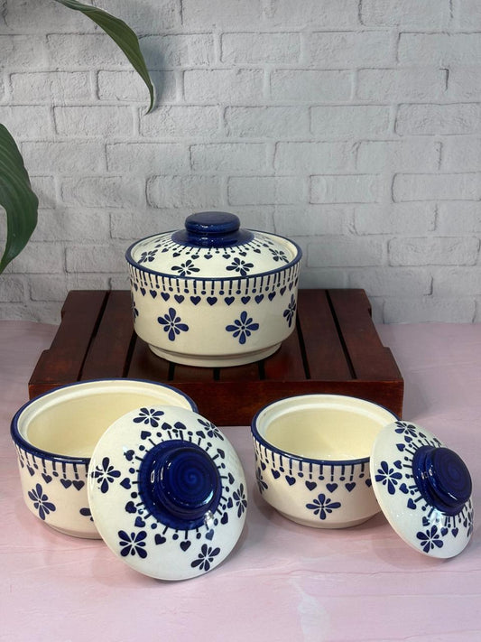 Blue Floral Design Serving Bowl Set with Lid (Set of 3)