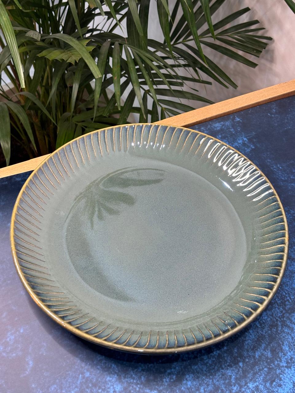 Green Glaze Lines Dinner Plate