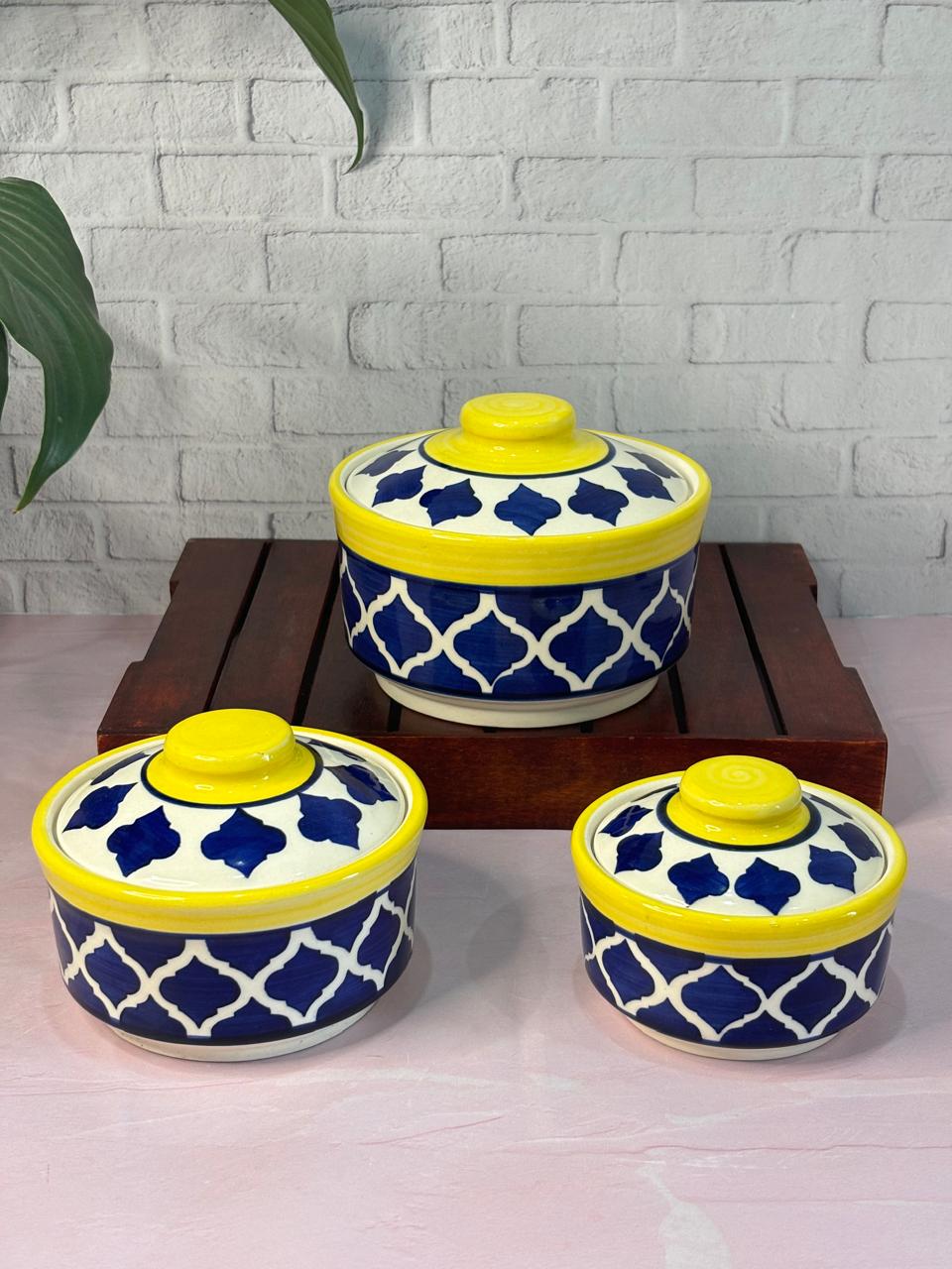 Blue Yellow Moroccan Design Serving Bowl Set with Lid (Set of 3)