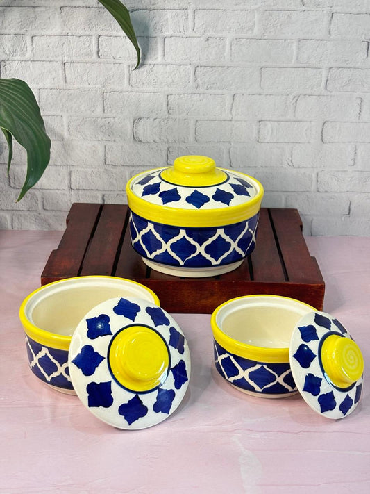 Blue Yellow Moroccan Design Serving Bowl Set with Lid (Set of 3)