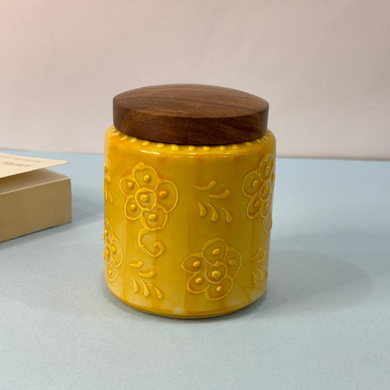 Yellow Embossed Floral Air-tight Jar