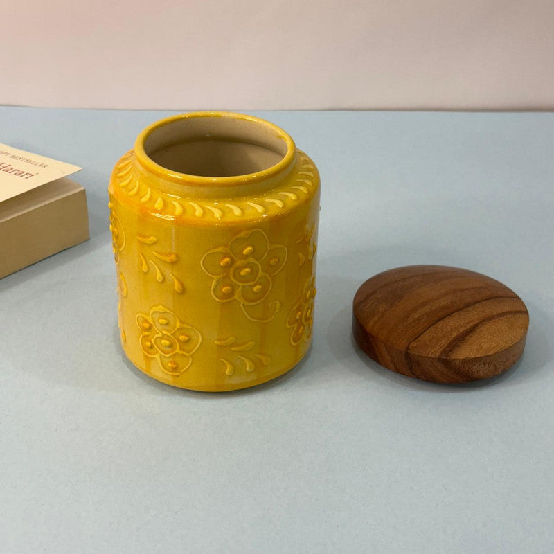 Yellow Embossed Floral Air-tight Jar