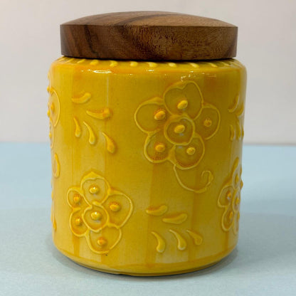 Yellow Embossed Floral Air-tight Jar