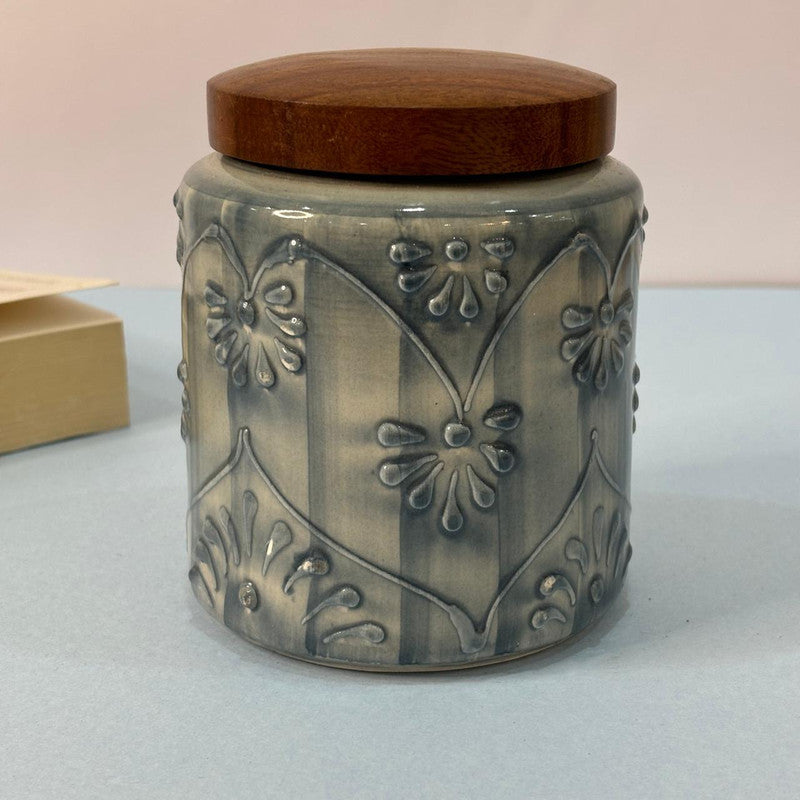 Grey Embossed Floral Air-tight Jar