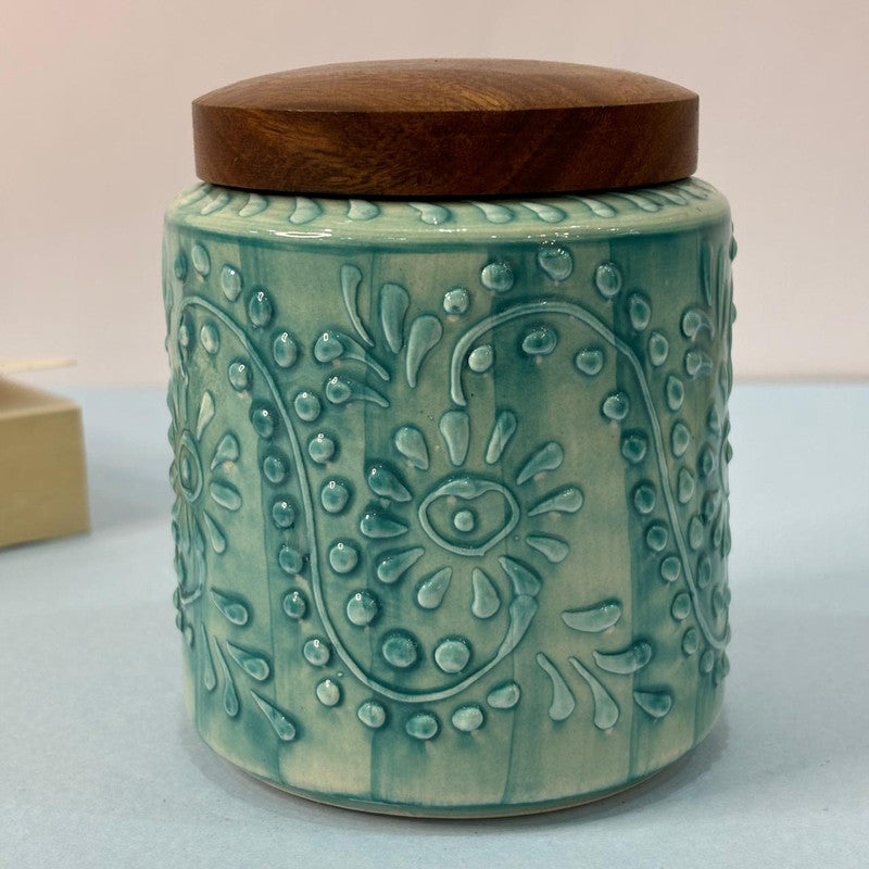 Sky Blue Embossed Floral Air-tight Jar