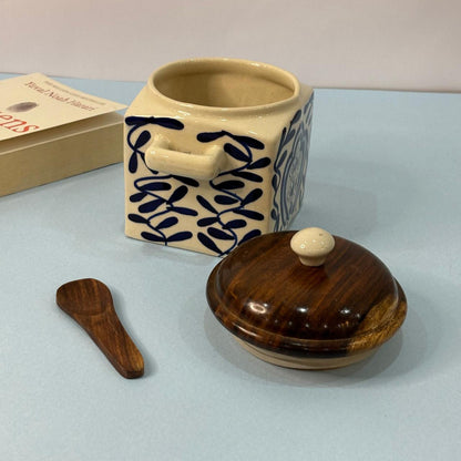 Blue Floral Air-tight Jar with Wooden Spoon